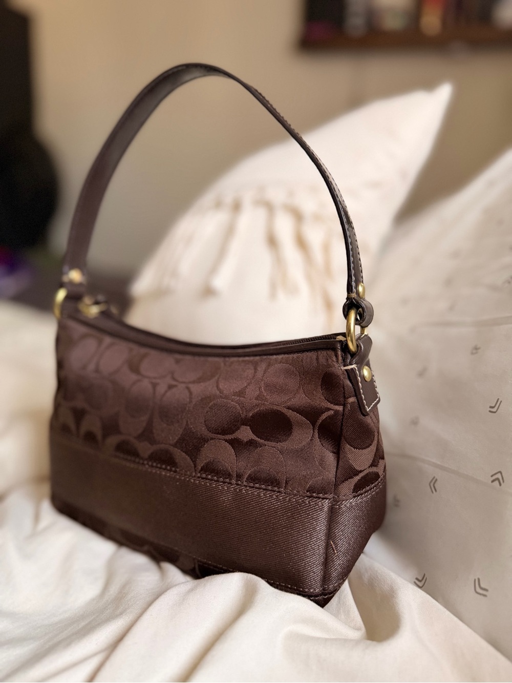 Coach Chocolate Brown Signature Jacquard Shoulder Baguette Bag - Picture 3 of 8